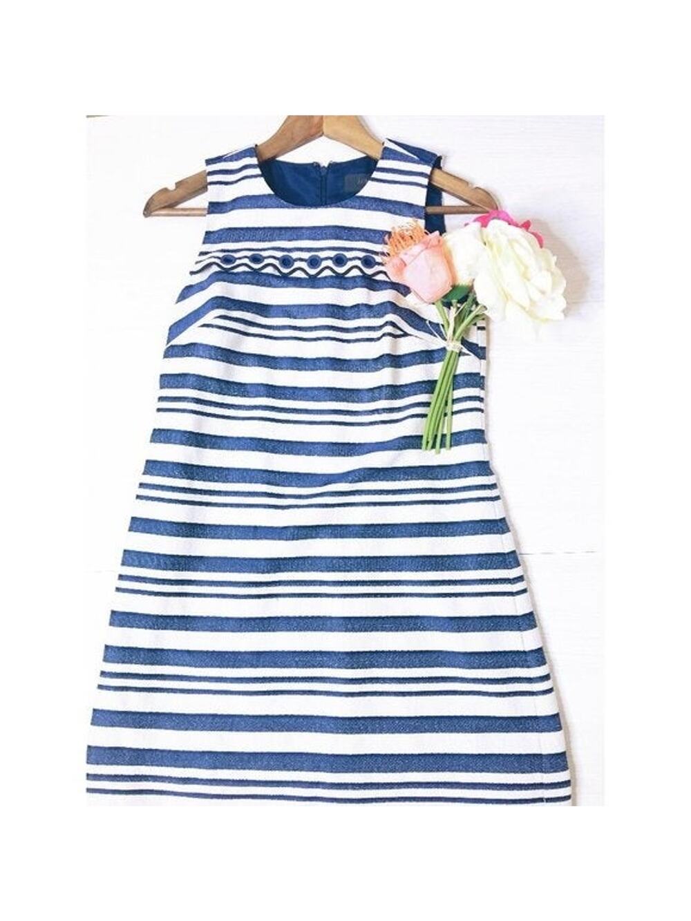 J. Crew | Cream + Blue Scalloped Sheath Dress